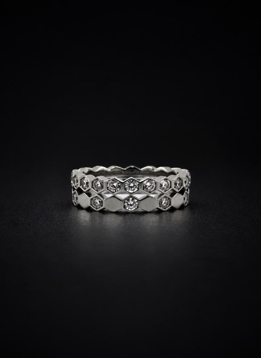 Hexagonal Duo stackable silver-tone rings with crystal accents