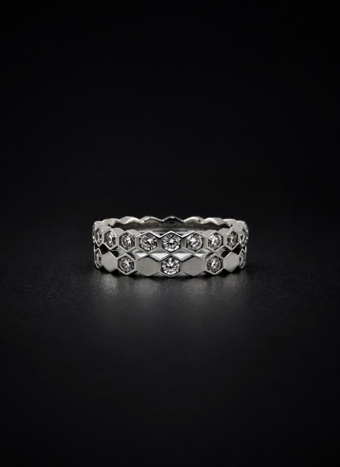 Hexagonal Duo stackable silver-tone rings with crystal accents