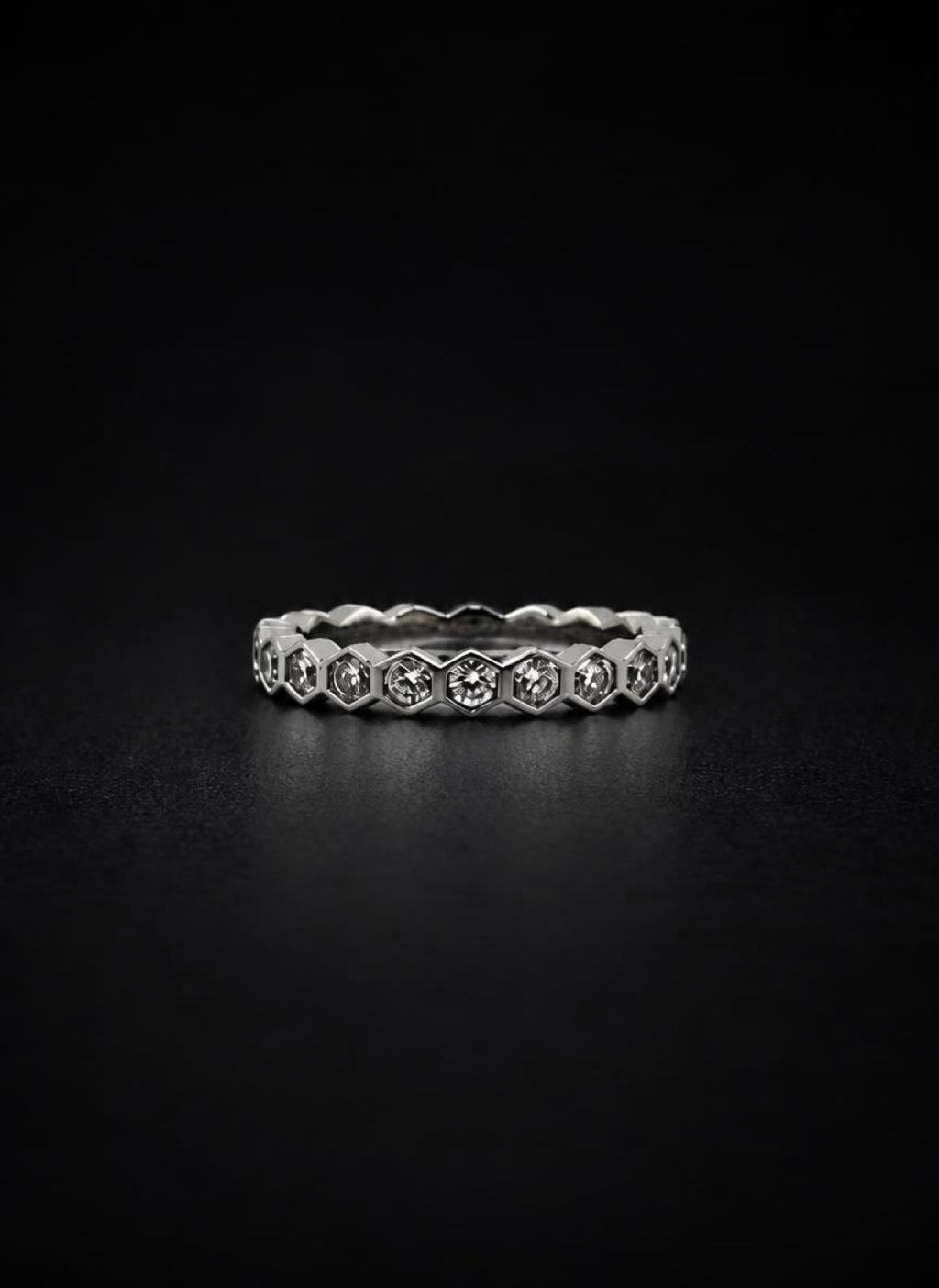 Hexagonal Duo full crystal band ring on black background