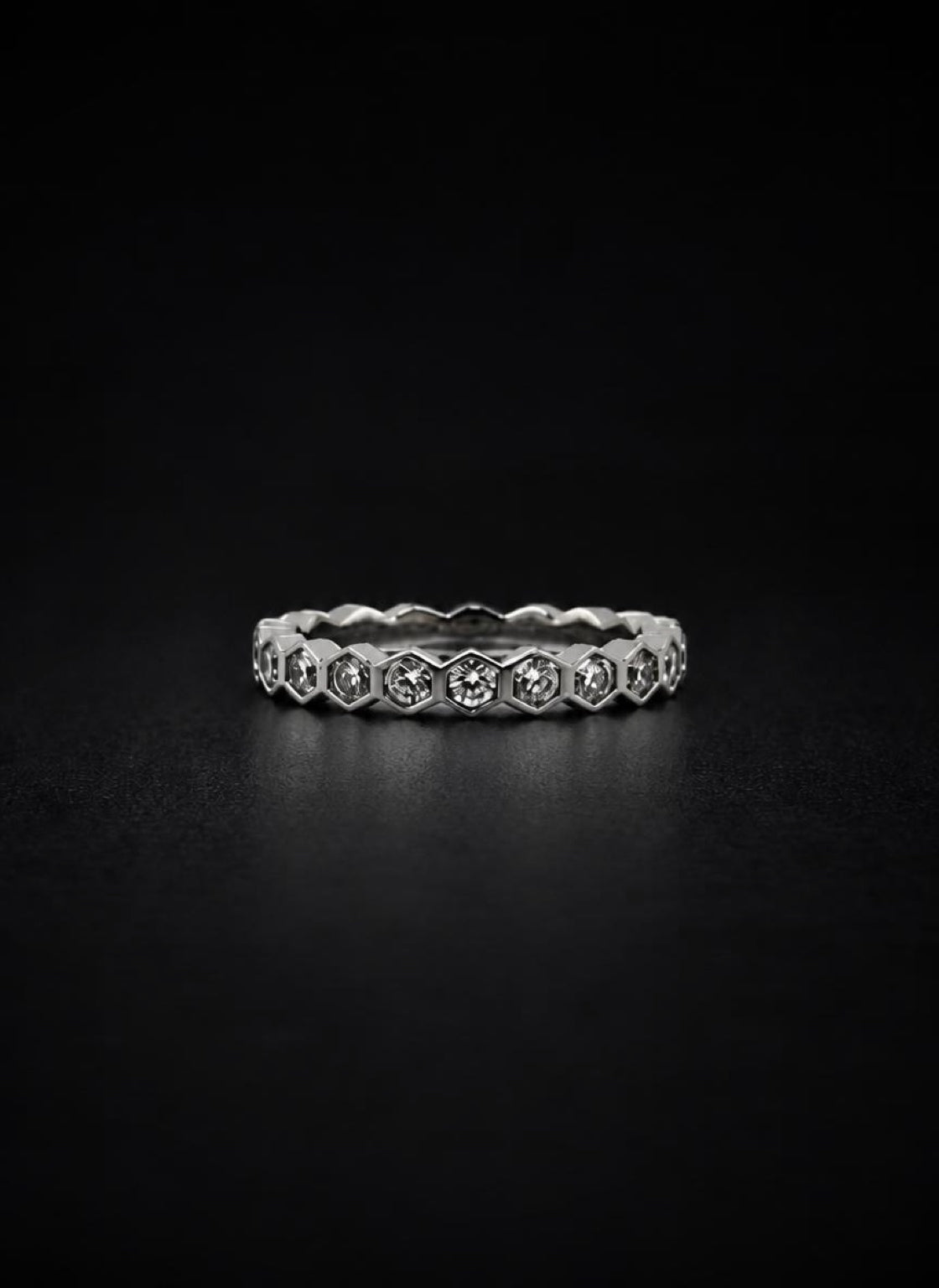 Hexagonal Duo full crystal band ring on black background